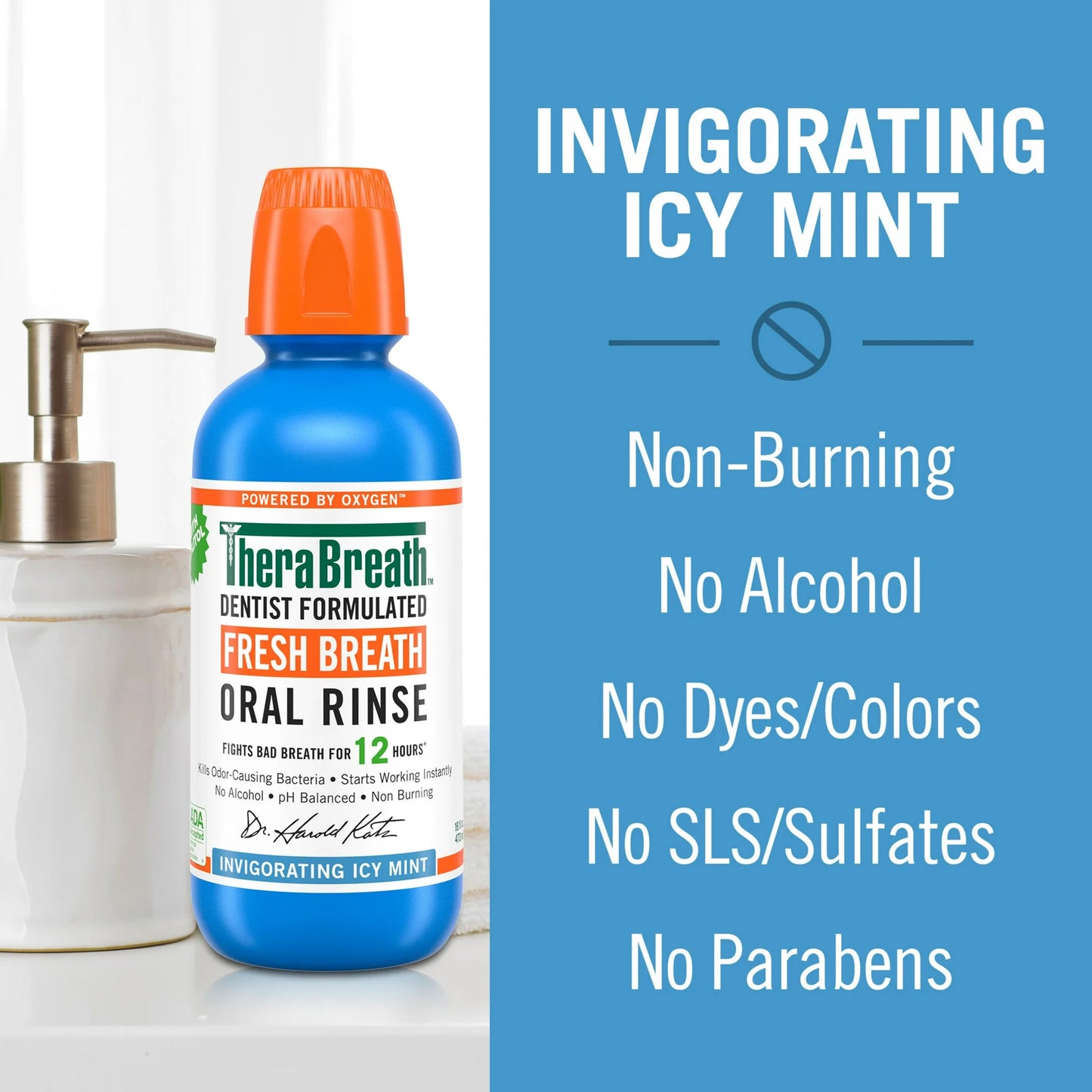 TheraBreath Fresh Breath Alcohol-Free Mouthwash, Mouth Rinse for Adults, Icy Mint, 16 fl oz