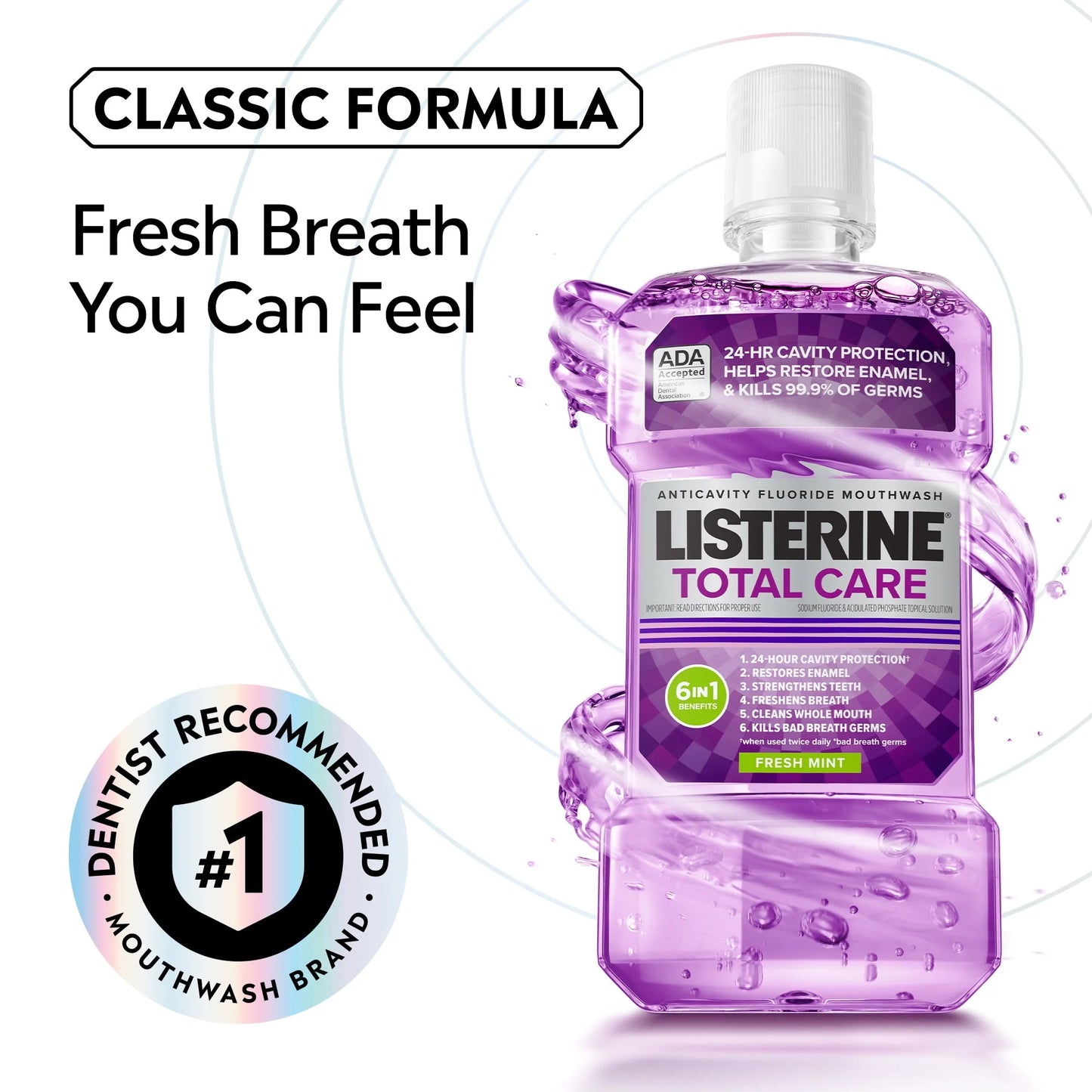 Listerine Total Care Anticavity Fluoride Mouthwash Oral Care, Fresh Mint, 1 L