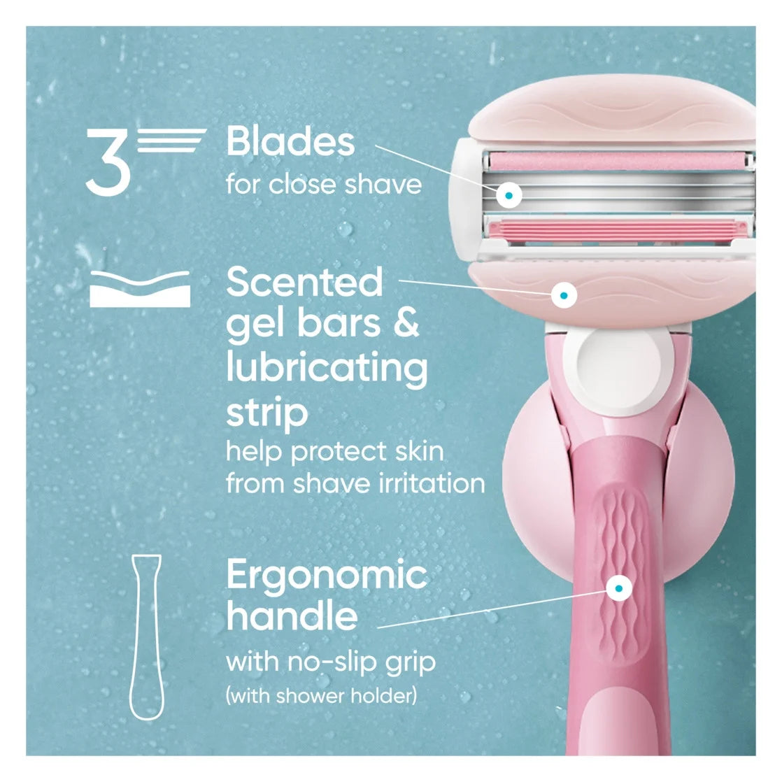 Venus ComfortGlide White Tea Razor for Women, 3 blades, Manual Razor, Handle and 2 Blade Refills, Pink