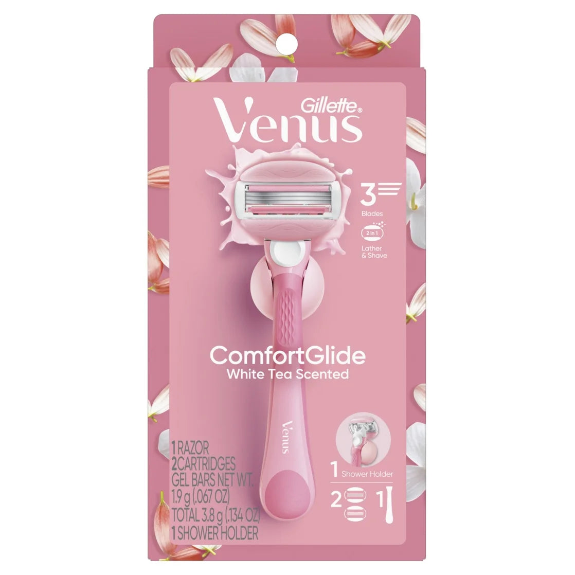 Venus ComfortGlide White Tea Razor for Women, 3 blades, Manual Razor, Handle and 2 Blade Refills, Pink
