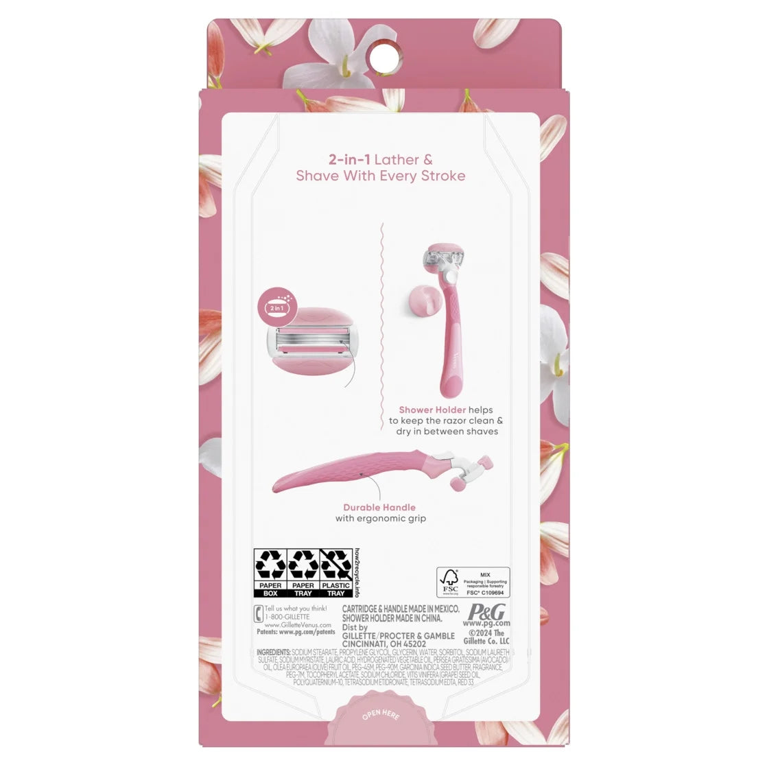 Venus ComfortGlide White Tea Razor for Women, 3 blades, Manual Razor, Handle and 2 Blade Refills, Pink