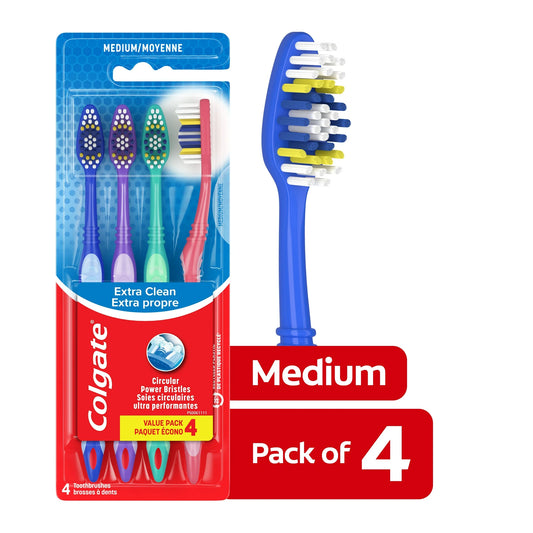 Colgate Extra Clean Flexible Grip Adult Manual Toothbrush, Medium, 4 Per Pack